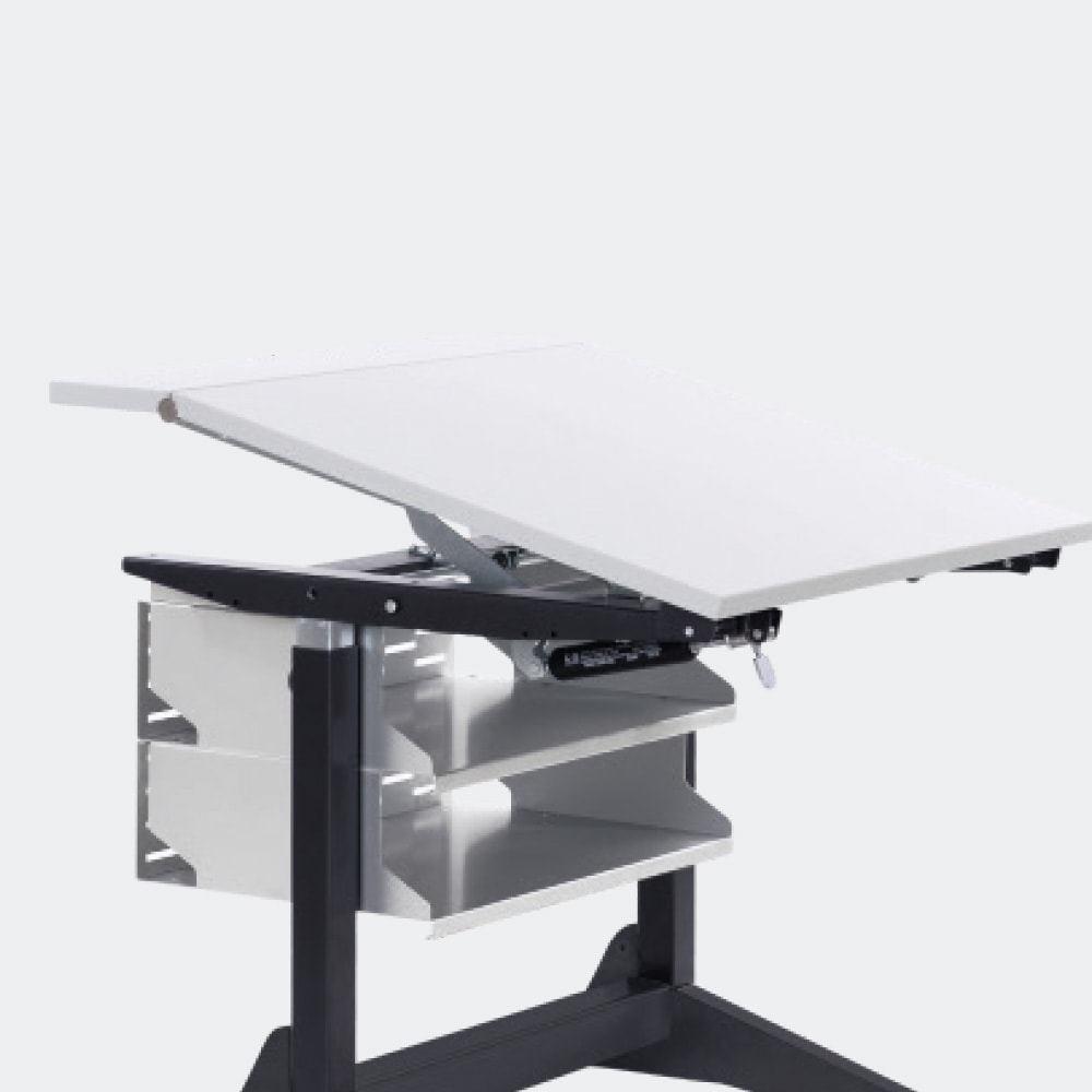 Schulmöbel Produkte Schultisch 2-Teiliges Tischblatt pulverbeschichtet verzinkt und Doppelablage L+S AG